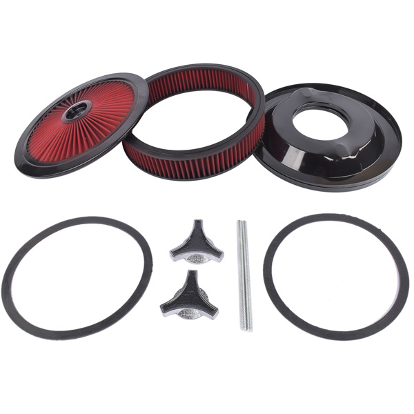  空气滤清器 14" x 3" Red Air Cleaner Kit Recessed Black Trim for Carburetor with 5 1/8" Neck-5