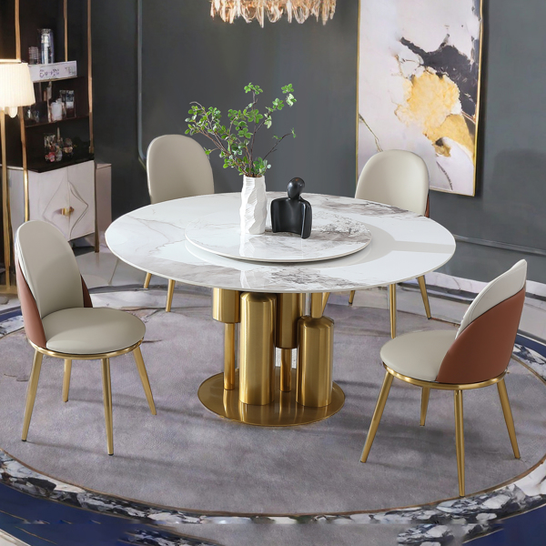 Modern Marble Dining Table with Removable Turntable, 59" Round Sintered Stone Table with Stainless Steel Base, 5-Piece Dining Table Set for Dining Room, Kitchen, Dinette, Compact Space (LTL item)-1