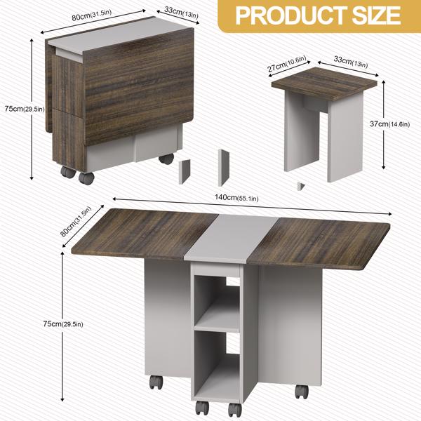 5 件折叠式可伸缩餐桌套装，带 4 把椅子，可供 4 人使用，55 英寸折叠式木质厨房餐厅餐桌套装，带储物空间和 6 个轮子，节省小空间，棕色-2
