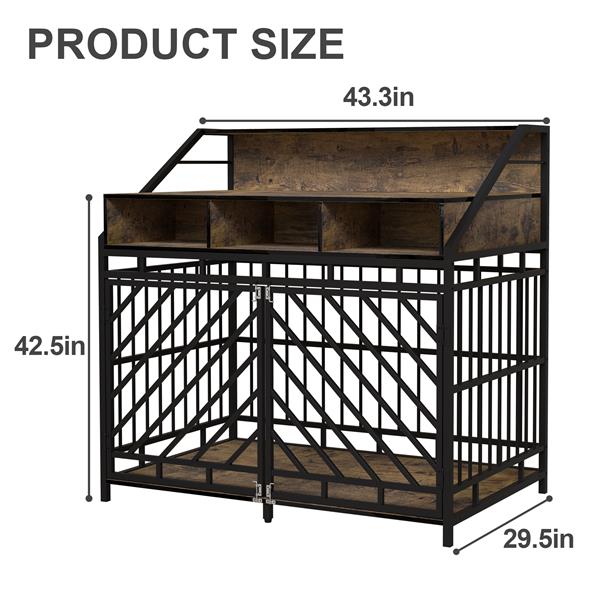 43.3 英寸狗笼家具，适用于大型犬，带隔板的木制狗笼，带三个抽屉储物柜的双门狗窝，适用于大中型犬的重型狗装饰宠物屋，质朴的棕色-14