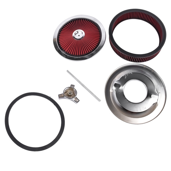  空气滤清器 14" x 3" Aluminum Round Red Thru Air Cleaner Drop Base with Chrome Lid for Chevrolet SBC BBC-6