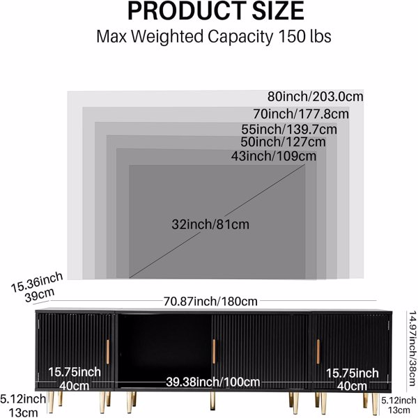 电视柜、可存放32-80英寸电视的木制电视柜、客厅和卧室的直立腿电视桌（黑色）-2