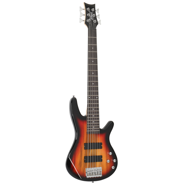  Full Size GIB 6 String H-H Pickup Electric Bass Guitar Bag Strap Pick Connector Wrench Tool Sunset Color-18