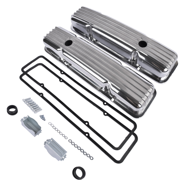  气门室盖 For SBC Small Block Chevy 350 1958-86 Polished Aluminum Finned Short Valve Cover-8