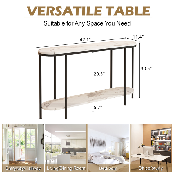 【替换编码：31283576】2层长椭圆形 玄关桌 密度板贴三胺 铁件 107*29*77cm 白色大理石面 黑色框架-3