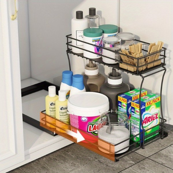 Two-layer sink organizer, pull out cabinet organizer Two-layer slide out of the sink cabinet organizer, kitchen bathroom cabinet sink organizer below, Medium, black-1