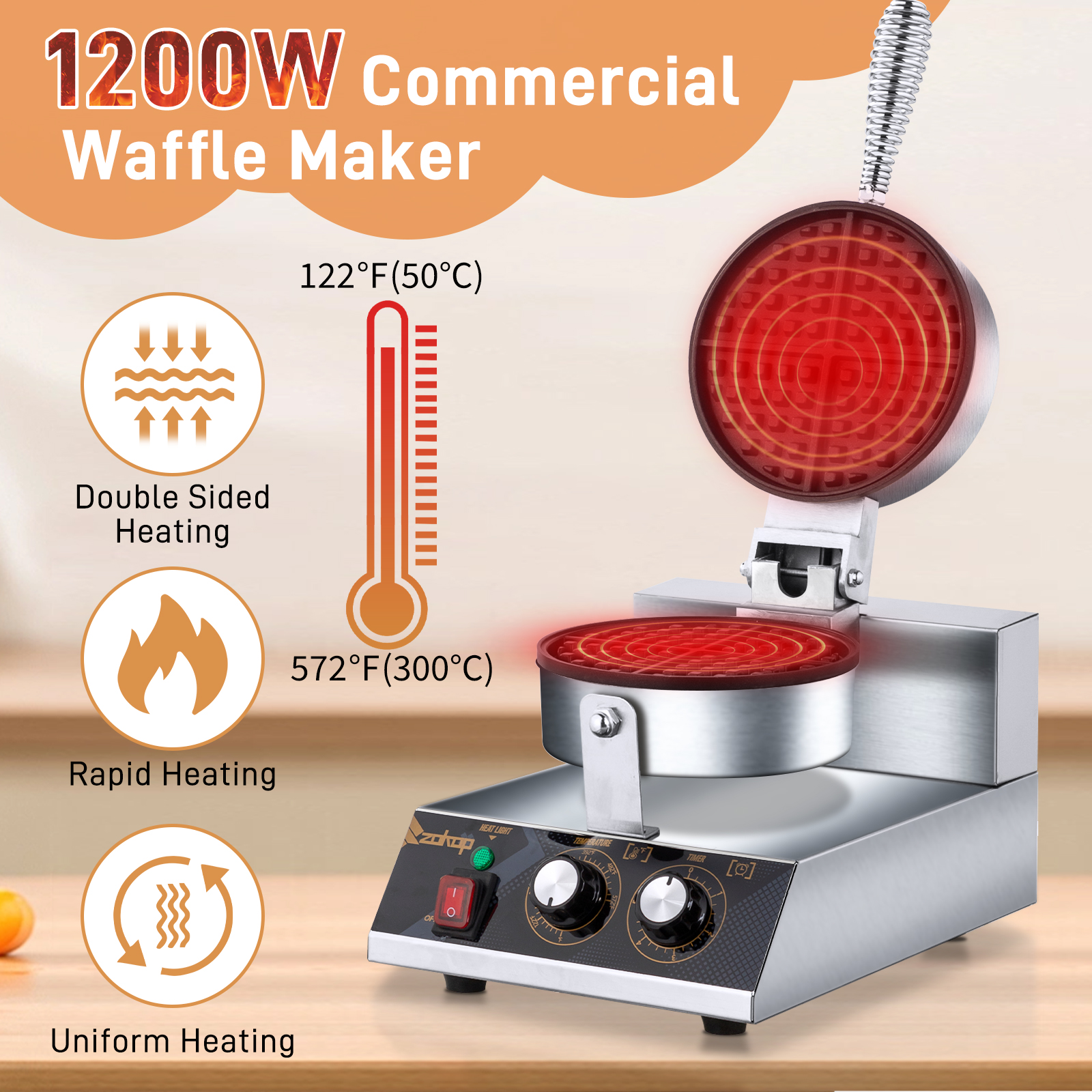 Belgian Waffle Maker 1200W Non Stick Round Design 110V Kitchen Appliance