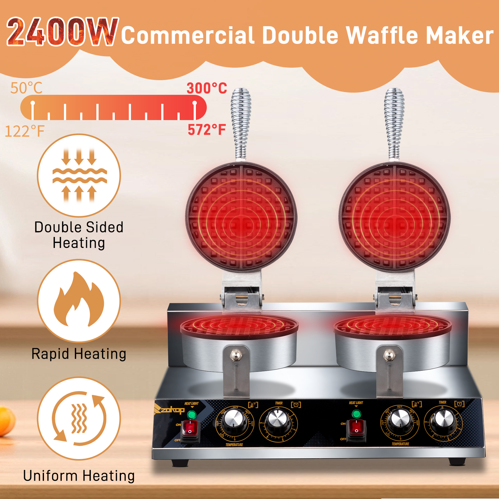 Double Head 2400W Nonstick Belgian Waffle Maker Round Design Electric Cooker