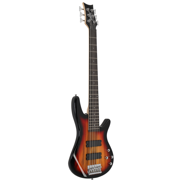  Full Size GIB 6 String H-H Pickup Electric Bass Guitar Bag Strap Pick Connector Wrench Tool Sunset Color-15