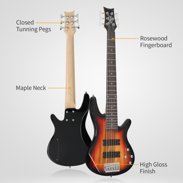 Full Size GIB 6 String H-H Pickup Electric Bass Guitar Bag Strap Pick Connector Wrench Tool Sunset Color-6
