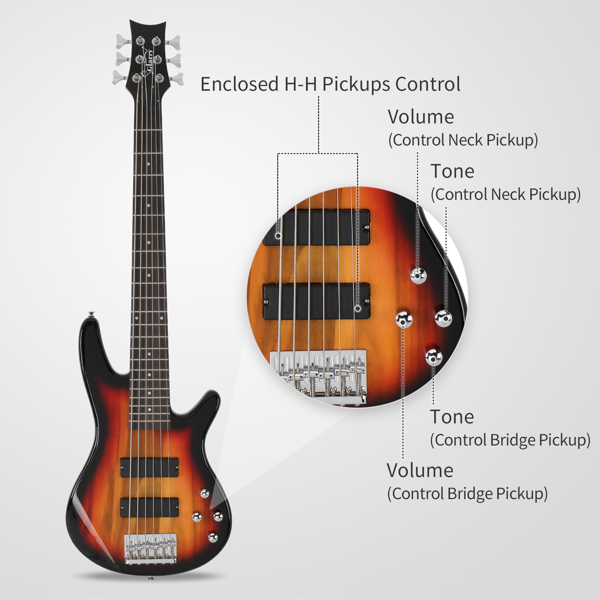  Full Size GIB 6 String H-H Pickup Electric Bass Guitar Bag Strap Pick Connector Wrench Tool Sunset Color-9