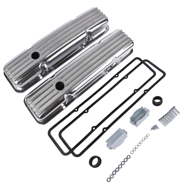  气门室盖 Retro Finned Polished Aluminum Short Valve Covers Fits 1958-86 SBC Chevy 350 400-4