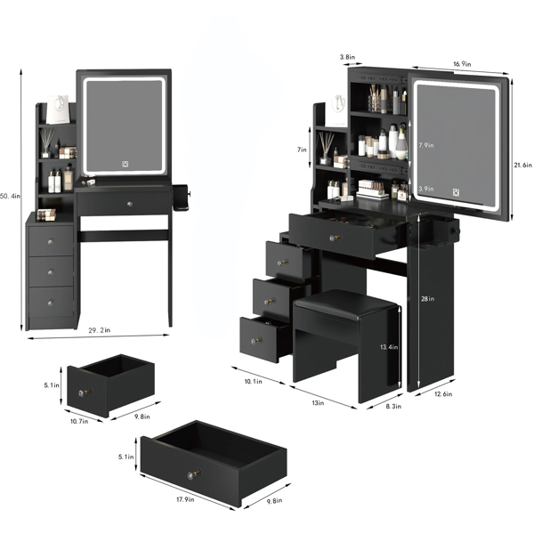 小空间左侧床头柜梳妆台+软垫凳子，2个AC+2个USB电源站，吹风机支架，超大触控滑动LED镜，三色切换，亮度可调-3