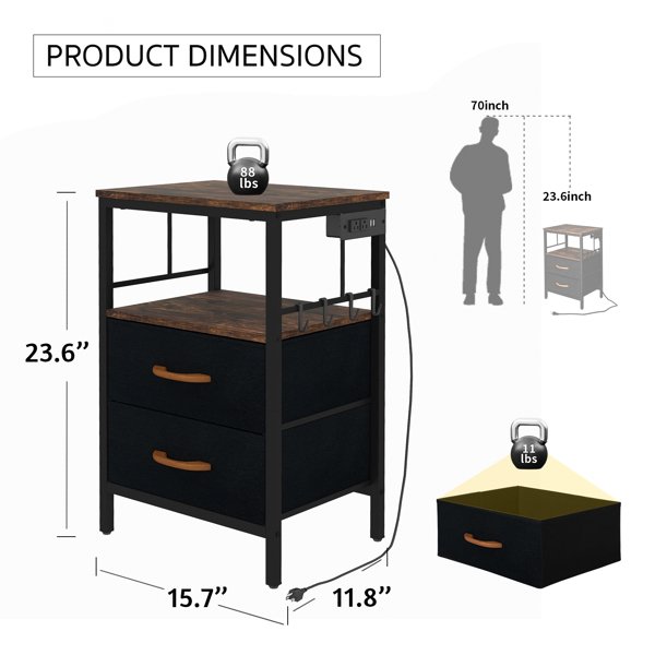 带充电的床头柜，带织物抽屉和开放式架子的侧桌，用于卧室装饰的床头柜，带USB端口和插座的床头柜（质朴的棕色，1）FBA仓库，亚马逊物流发货-2