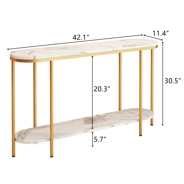 【替换编码：22504192】2层长椭圆形 玄关桌 密度板贴三胺 铁件 107*29*77cm 白色大理石面 金色框架-4