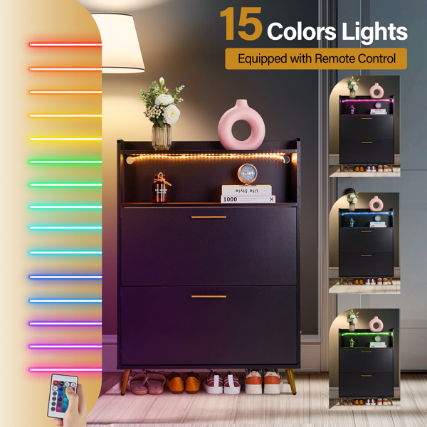  2抽翻斗带高脚LED灯 鞋柜 刨花板 80*25*113cm 黑色-7