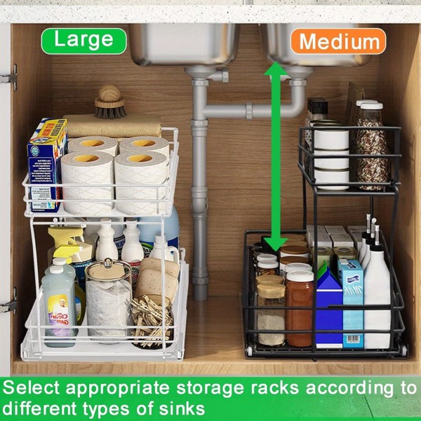 Two-layer sink organizer, pull out cabinet organizer Two-layer slide out of the sink cabinet organizer, kitchen bathroom cabinet sink organizer below, Medium, black-3