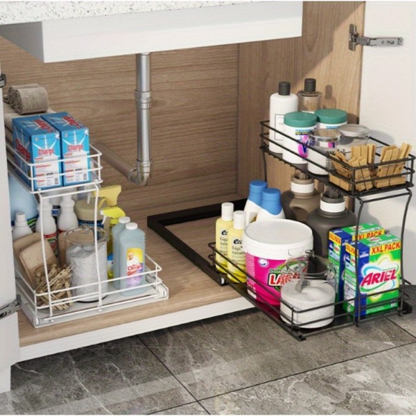 Two-layer sink organizer, pull out cabinet organizer Two-layer slide out of the sink cabinet organizer, kitchen bathroom cabinet sink organizer below, Medium, black-2