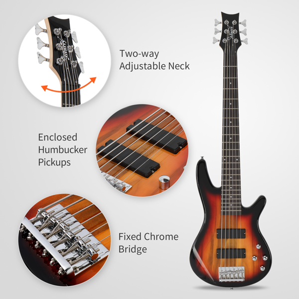  Full Size GIB 6 String H-H Pickup Electric Bass Guitar Bag Strap Pick Connector Wrench Tool Sunset Color-11