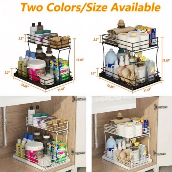 Two-layer sink organizer, pull out cabinet organizer Two-layer slide out of the sink cabinet organizer, kitchen bathroom cabinet sink organizer below, Medium, black-4