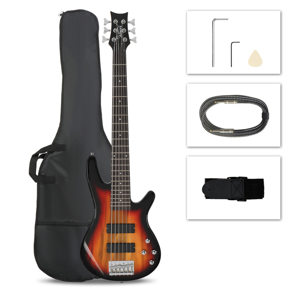  Full Size GIB 6 String H-H Pickup Electric Bass Guitar Bag Strap Pick Connector Wrench Tool Sunset Color-2
