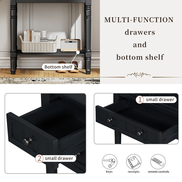 窄型控制台桌，带三个储物抽屉和底部搁板的超薄沙发桌（黑色）-5