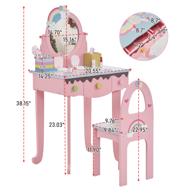 粉色 密度板喷漆 1镜3抽2桌面收纳盒 儿童梳妆桌套装 玩乐 半圆靠背-3