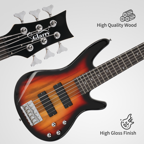  Full Size GIB 6 String H-H Pickup Electric Bass Guitar Bag Strap Pick Connector Wrench Tool Sunset Color-10