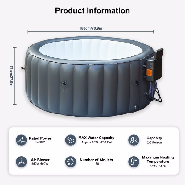 充气热水浴缸 70.8"*27.9"便携式spa水池 可容纳2-3人的户外水疗中心 带盖子 配有6个颜色的灯珠-3