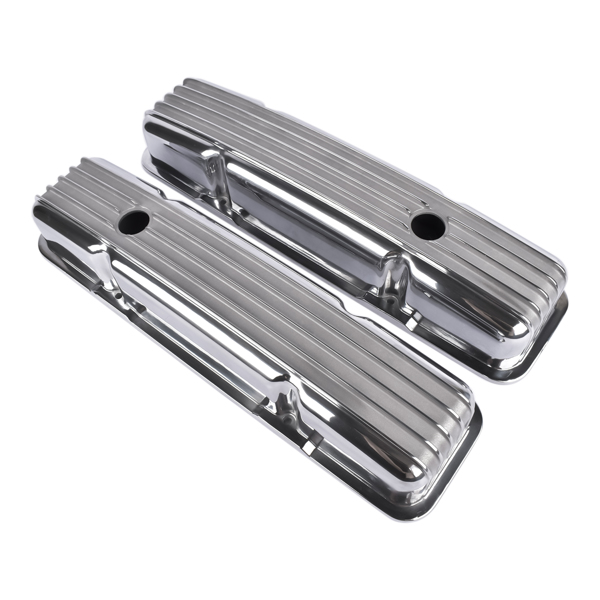  气门室盖 Retro Finned Polished Aluminum Short Valve Covers Fits 1958-86 SBC Chevy 350 400-6