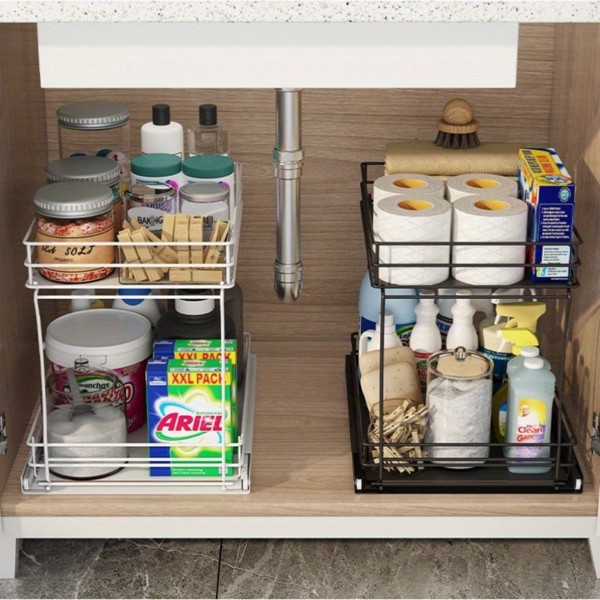 Two Tier sink organizer, pull out cabinet organizer two layers slide out of the sink cabinet organizer, kitchen and bathroom cabinet sink organizer below-2