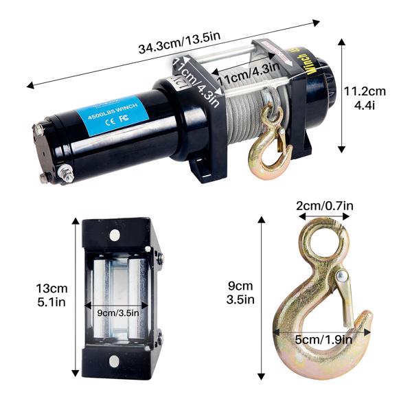 电缆绞盘12V，4500LBS/2045Kg电机绞车电缆滑轮，电缆绞车230v无线电遥控器，5mm钢缆，兼容ATV、SUV、船用皮卡-2