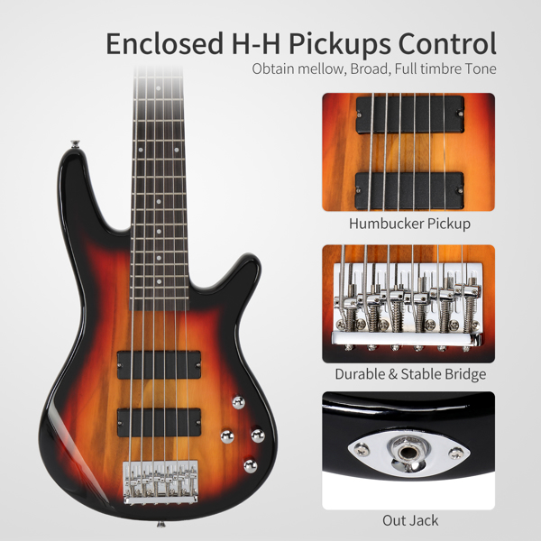 Full Size GIB 6 String H-H Pickup Electric Bass Guitar Bag Strap Pick Connector Wrench Tool Sunset Color-7