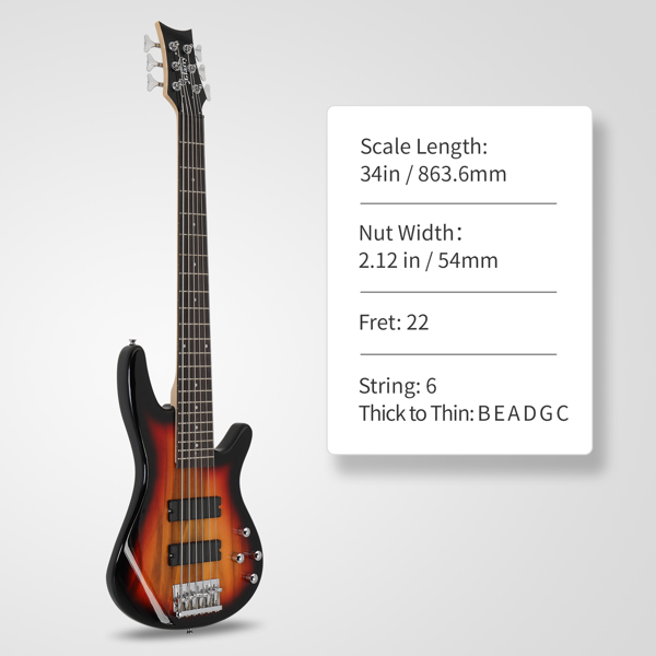  Full Size GIB 6 String H-H Pickup Electric Bass Guitar Bag Strap Pick Connector Wrench Tool Sunset Color-4