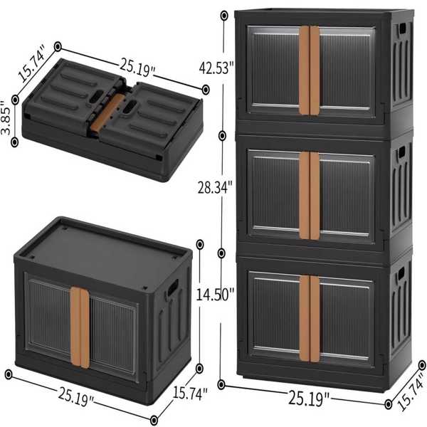 25加仑可折叠储物箱，壁橱组织者和存储，带轮子的可堆叠储物箱，塑料可折叠储物箱，后备箱汽车组织者（3包黑色）（周末不发货）（禁售Temu、Walmart）-2