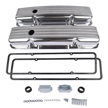  气门室盖 Retro Finned Polished Aluminum Short Valve Covers Fits 1958-86 SBC Chevy 350 400