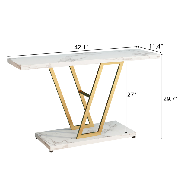【替换编码：50627609】 2层框架V型 玄关桌 密度板贴三胺 铁件 107*29*76cm 白色大理石面 金色框架-4