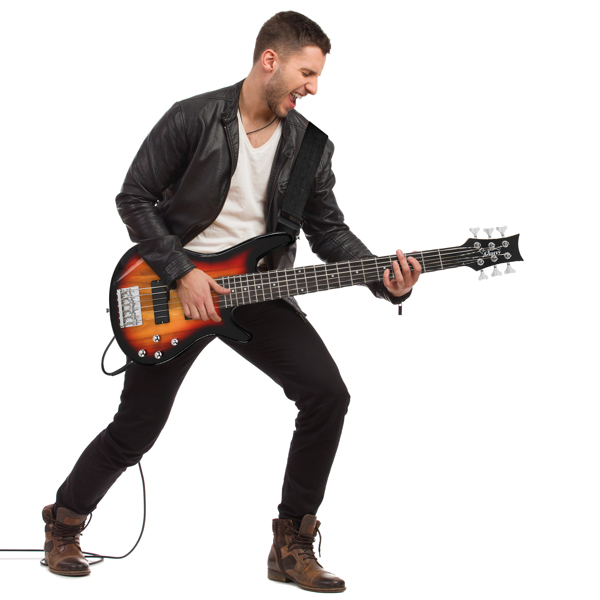  Full Size GIB 6 String H-H Pickup Electric Bass Guitar Bag Strap Pick Connector Wrench Tool Sunset Color-12