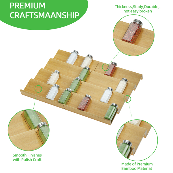 竹制香料架抽屉收纳盒，10 调味香料储物罐组织者抽屉架插件，8 件套，126 个标签，1 个漏斗，抽屉香料架收纳盒，厨房，L26 W18.9-4