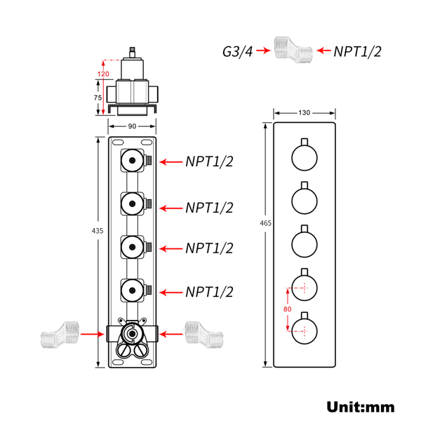 A3- 4功能黄铜淋浴分流器恒温阀-银色 4-Function Silver Brass Shower Diverter Thermostatic Valve Shower Diverter Valve Constant Temperature Design Brass-8