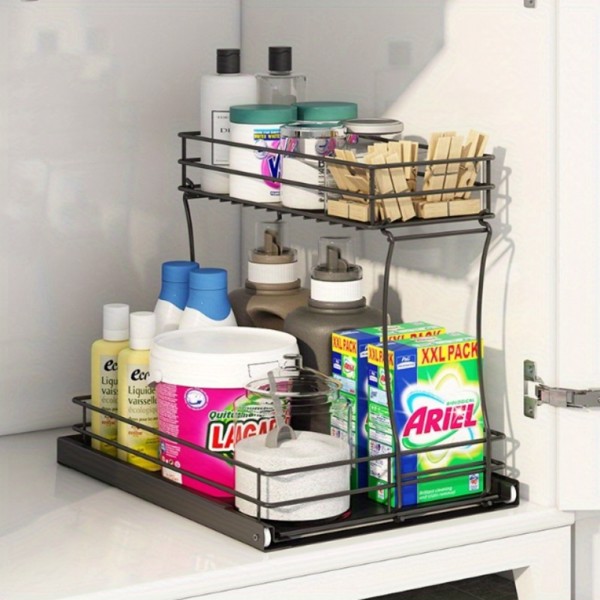 Two-layer sink organizer, pull out cabinet organizer Two-layer slide out of the sink cabinet organizer, kitchen bathroom cabinet sink organizer below, Medium, black-6