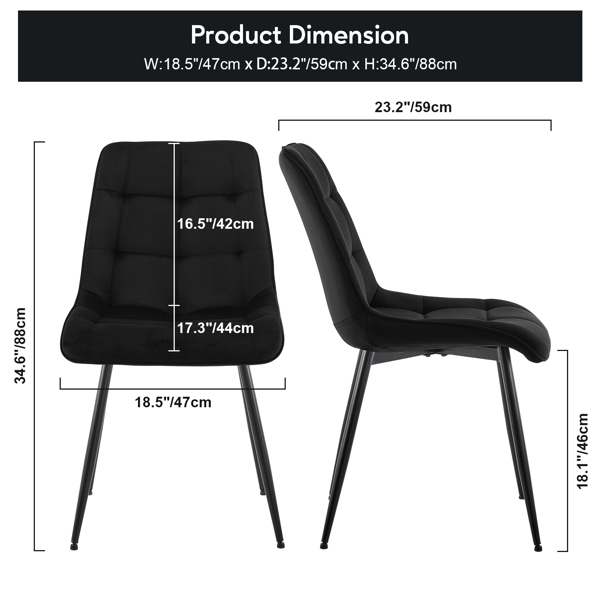 天鹅绒餐椅，一套 2 把，金属脚，可调节脚，黑色-4