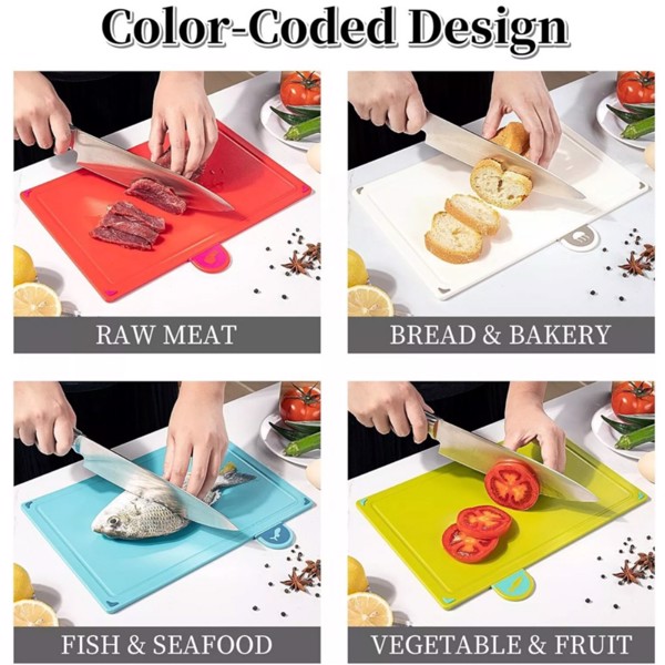 ​​​COLOURED 4X CHOPPING BOARD SET NON-SLIP INDEX CUTTING BOARD WITH STAND ZENO-11