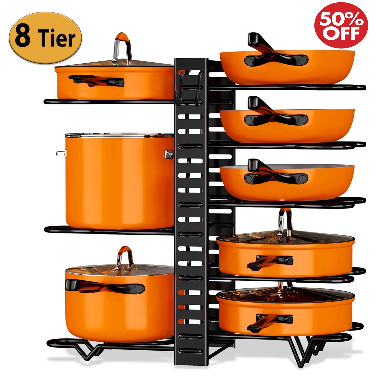 8 Tier Pot Rack for Kitchen Cabinet Storage Cookware and Lid Organizer