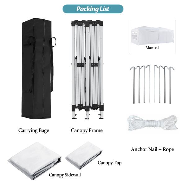 3x6米（10x20英尺）派对帐篷婚礼露台凉亭，带6个可拆卸侧墙和手提包 高度可调节弹出式活动派对帐篷 白色-6