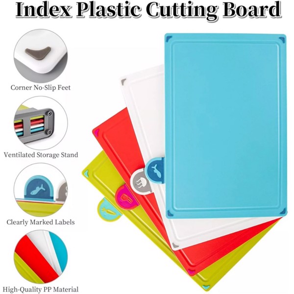 ​​​COLOURED 4X CHOPPING BOARD SET NON-SLIP INDEX CUTTING BOARD WITH STAND ZENO-6
