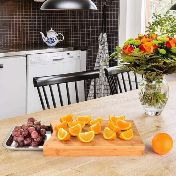 Bamboo Wooden Chopping Board Cutting Slicing + Sliding Stainless Steel Tray-3