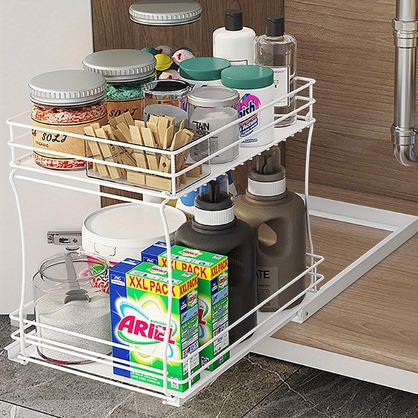 Two-tier sink organizer, pull out cabinet organizer two layers slide out of the sink cabinet organizer, kitchen and bathroom cabinet sink organizer below-3
