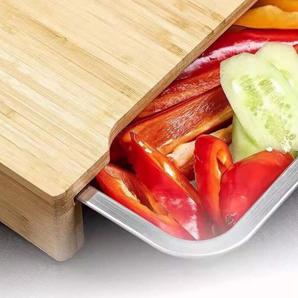 Bamboo Wooden Chopping Board Cutting Slicing + Sliding Stainless Steel Tray-9