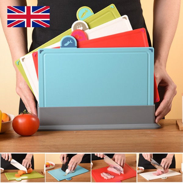 ​​​COLOURED 4X CHOPPING BOARD SET NON-SLIP INDEX CUTTING BOARD WITH STAND ZENO-16